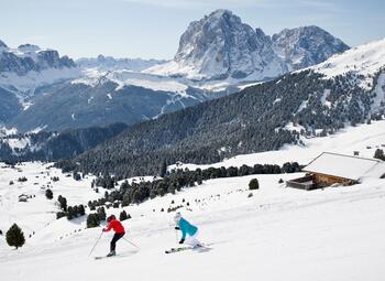 Due sciatori scendono lungo una pista innevata con vista sul maestoso Sassolungo e sulle Dolomiti circostanti, circondati da boschi e baite innevati.