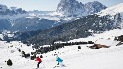 Two skiers descend a snowy slope with a view of the impressive Sassolungo and the surrounding Dolomites, framed by snow-covered forests and mountain huts.