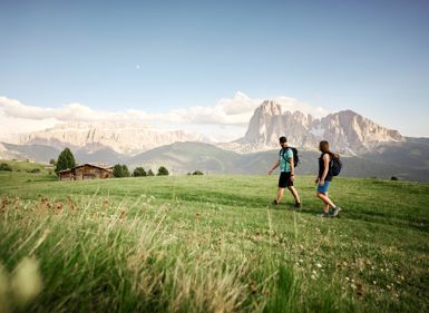 A man and a woman are hiking along an alpine meadow, with the Dolomites in the background